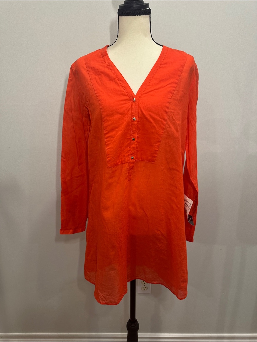 NWT ZARA - V-Neck Long Sleeve Tunic Orange Coral Shirt Top Blouse Cotton Medium
